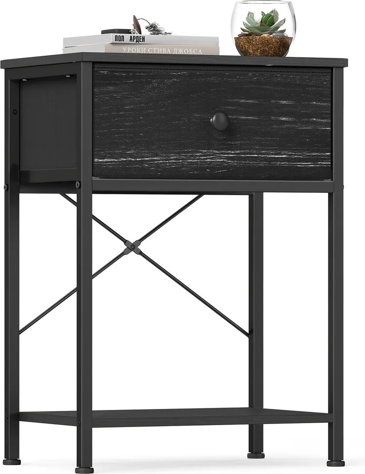 Mesa de cabeceira preta com tomada LED, 39,6 x 30 x 60,4 cm, 2 gavetas Preto