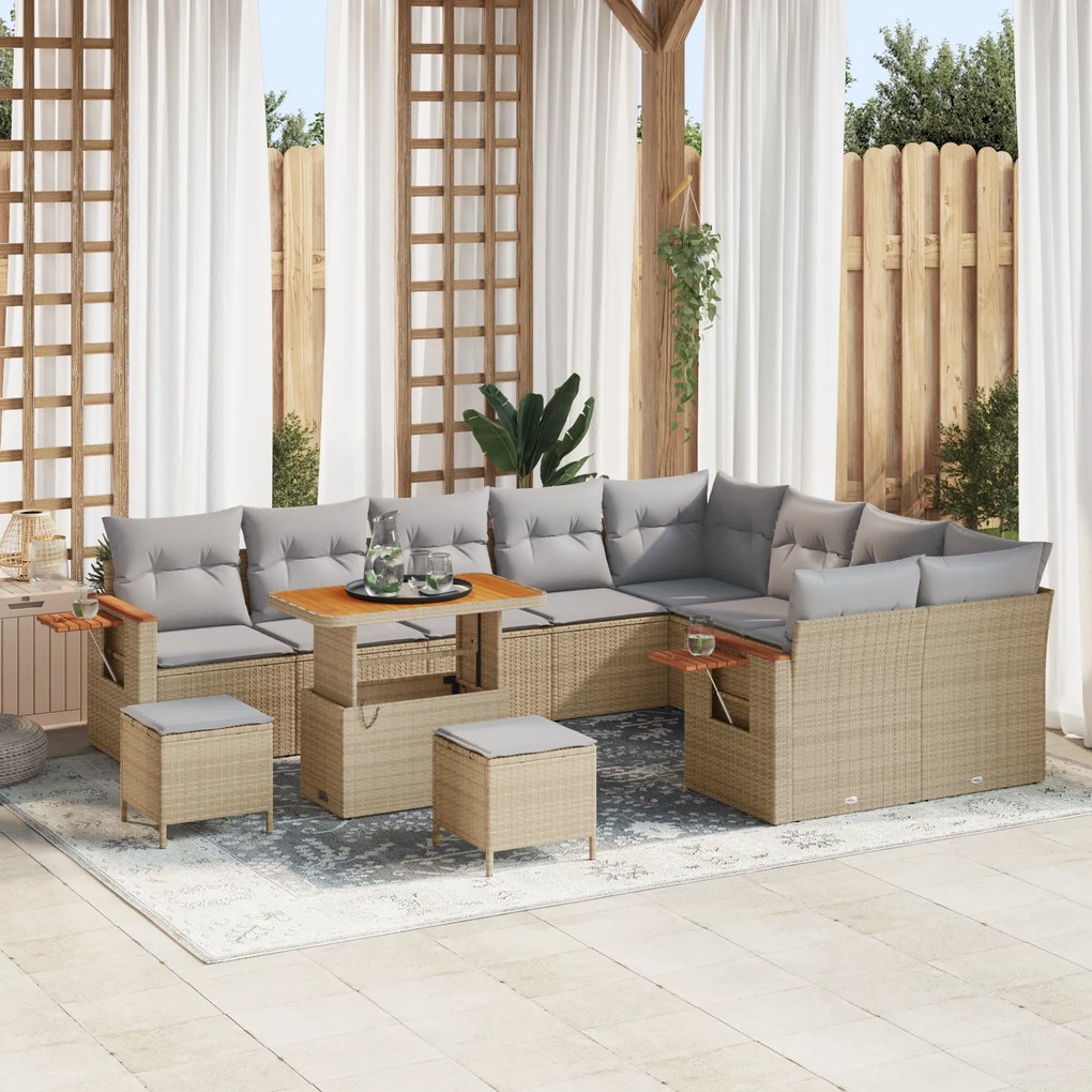 Conjunto de Sofá de Jardim vidaXL 12 Peças com Almofadas Bege Polietileno Acácia