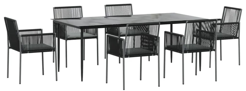 7 pcs conjunto jantar p/ jardim c/ almofadões vime PE/aço preto