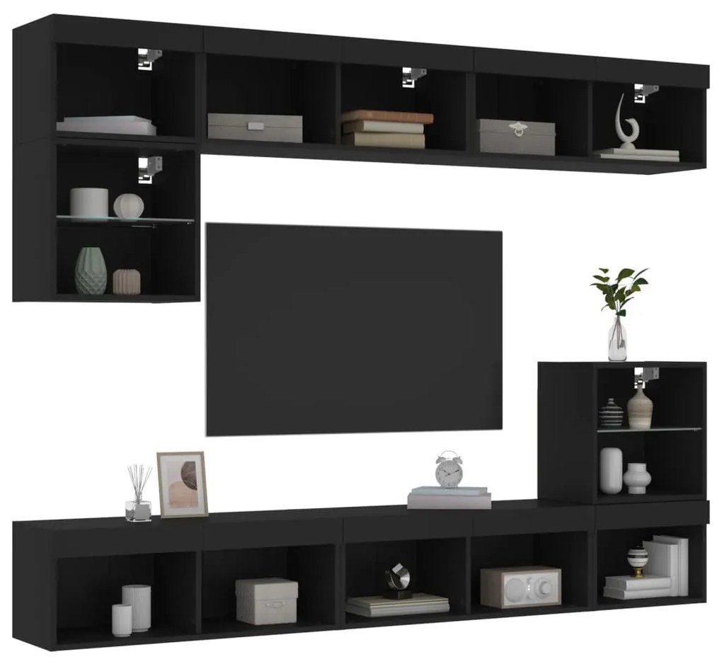 vidaXL 8 pcs móveis de parede p/ TV c/ LEDs derivados de madeira preto