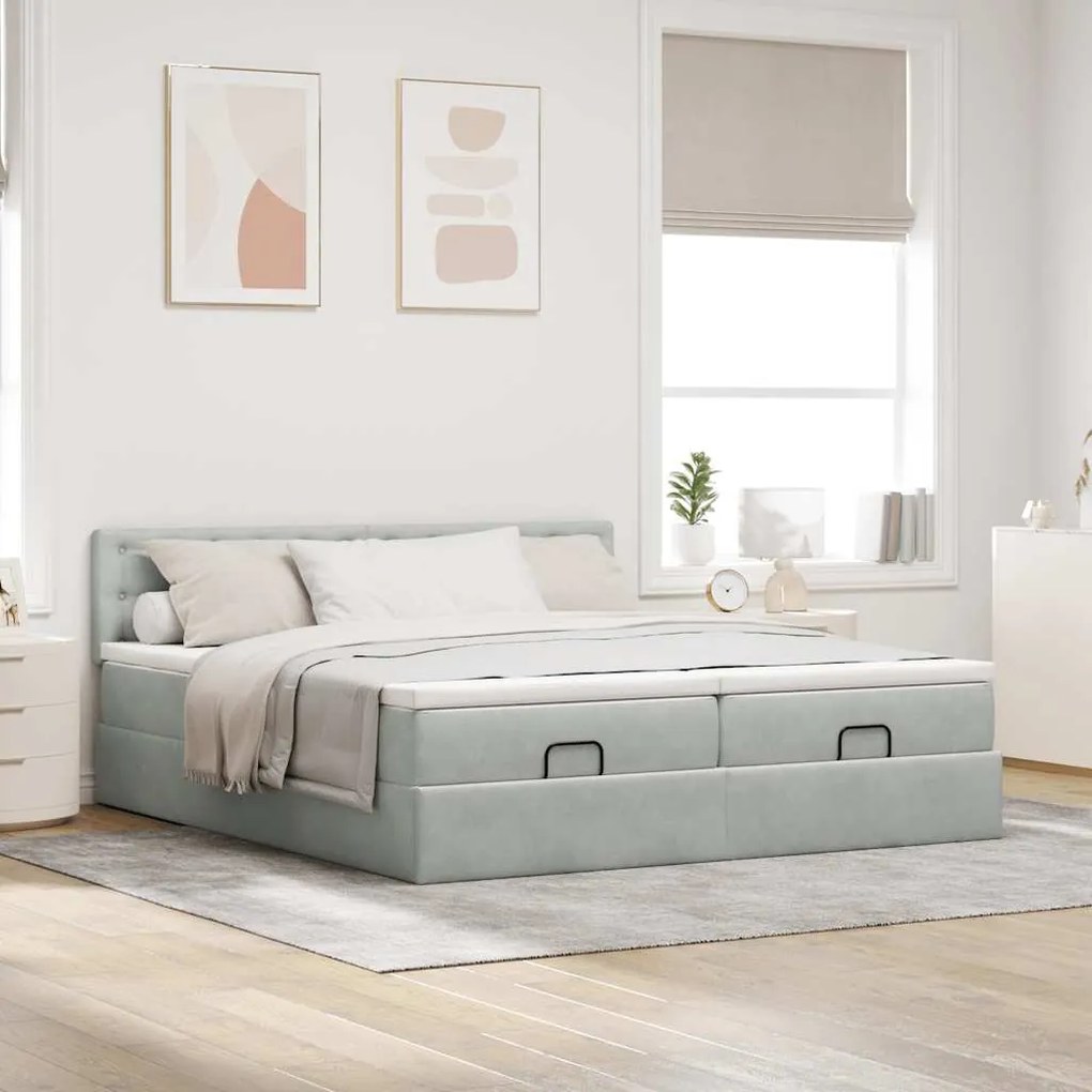 Estrutura cama otomana colchões 180x200cm veludo cinzento claro
