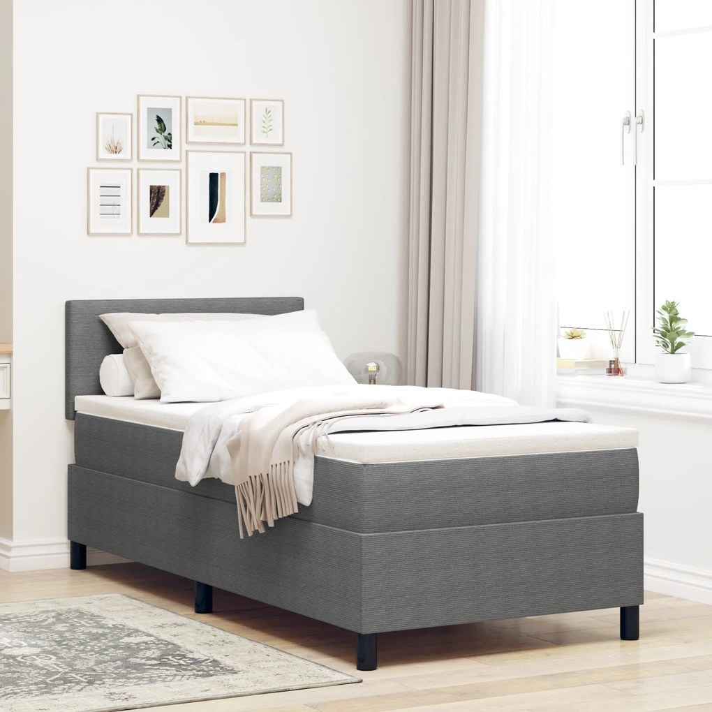 Cama Box Spring com Colchão e Luz LED Cinza 90x200 cm Tecido Cotelê