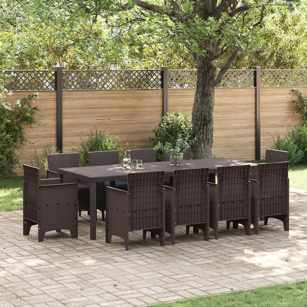 vidaXL Conjunto de Jantar de Jardim com 11 Peças e Almofadas Castanho Vime Sintético