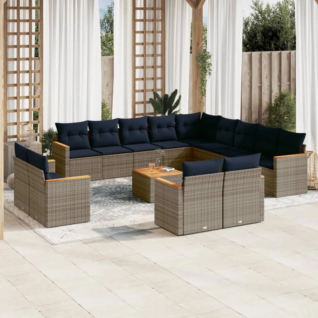 vidaXL 14 pcs conjunto sofás p/ jardim c/ almofadões vime PE cinzento