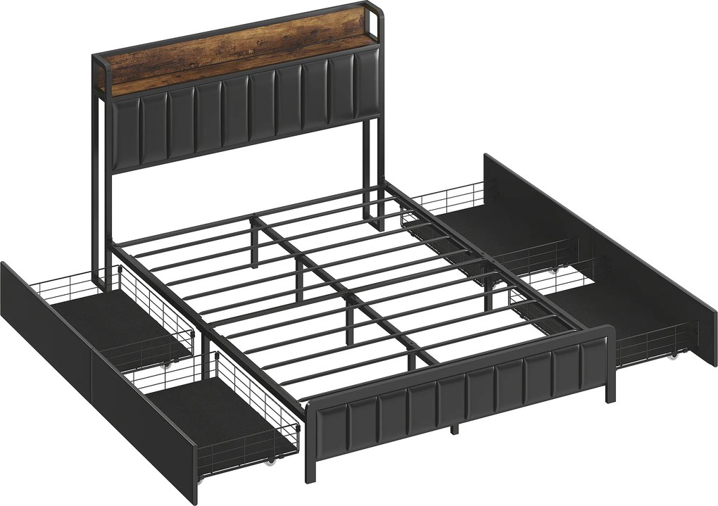 Estrutura de cama de 140 x 190 cm com base de ripas metálicas (COLCHÃO NÃO INCLUIDO), cama de casal estofada com 4 gavetas e prateleira, preta