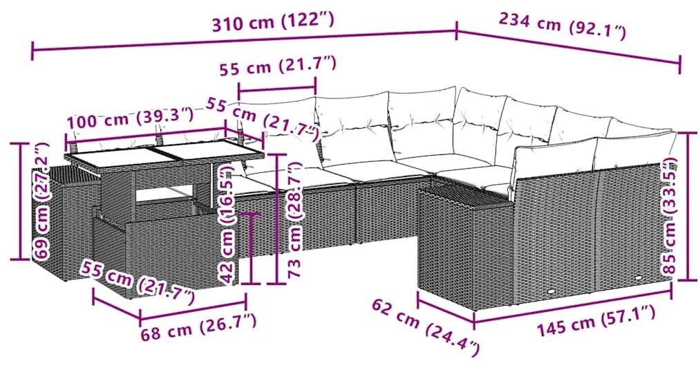 10 pcs conjunto sofás de jardim c/ almofadões vime PE cinzento