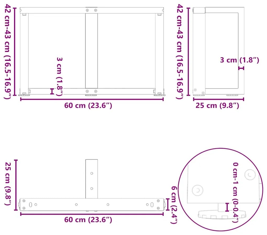 Pés para mesa de centro em forma de T, 2 peças, preto, 60x25x(42-43) c