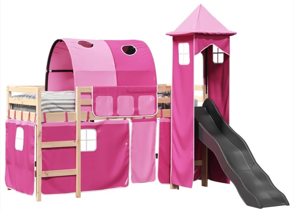 Cama alta para criança com torre 90x200 cm pinho maciço rosa