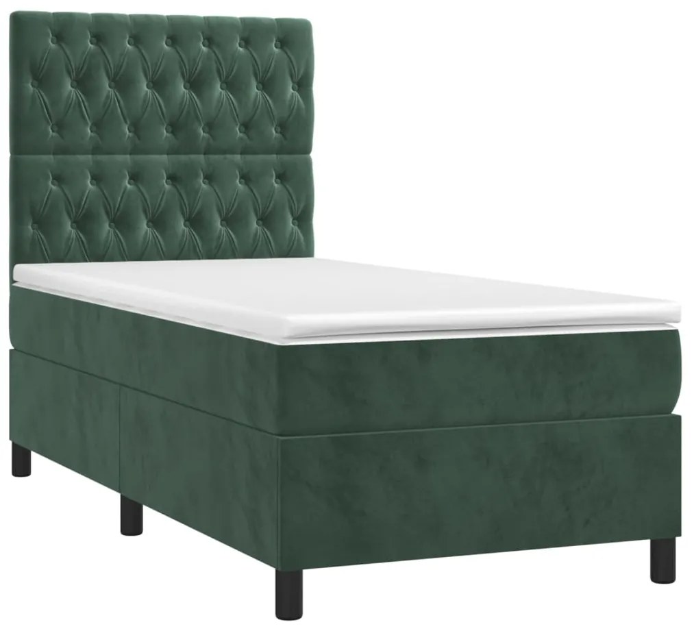 Cama box spring c/ colchão/LED 100x200 cm veludo verde-escuro