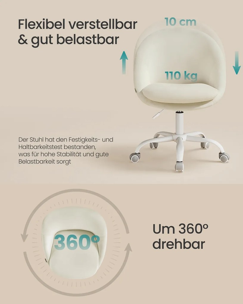 Cadeira para escritório em casa, ajustável em altura, com almofada estofada em branco creme