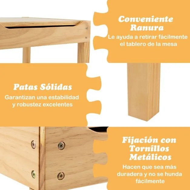 Mesa de actividades para crianças em madeira com encosto reversível, compartimentos e suporte para rolos de papel 86,5 x 60 x 57 cm-Natural