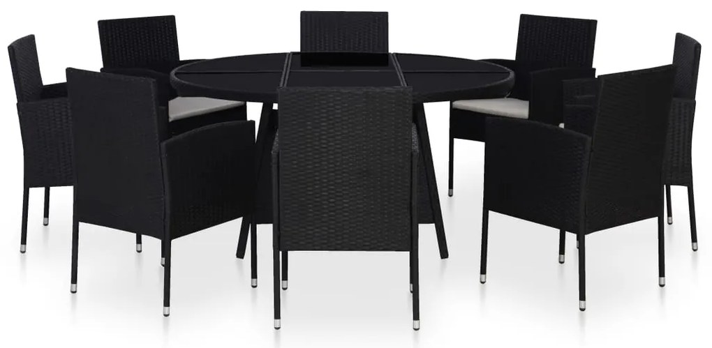 9 pcs conjunto jantar exterior com almofadões vime PE preto