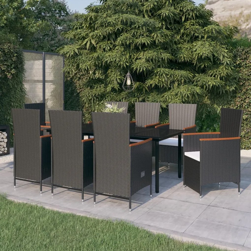 vidaXL 9 pcs conjunto de jantar para jardim com almofadões preto