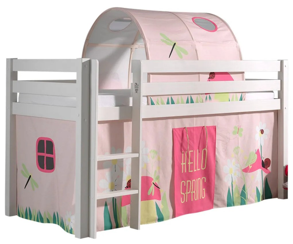 Conjunto Cama alta de Criança PINO 90 x 200 cm + estrado + escada + cortina + túnel Primavera Branca