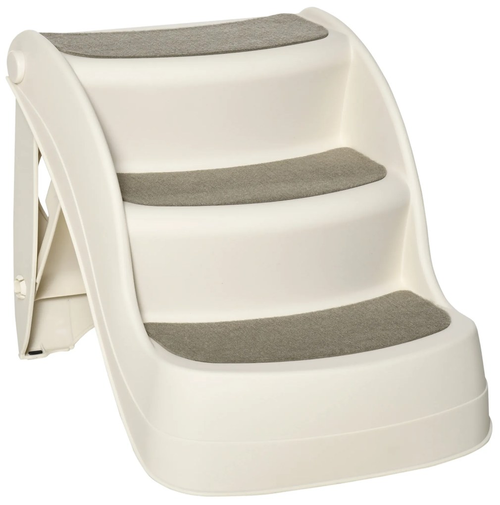 PawHut Escada para Cães de 3 Degraus Dobrável Escada para Animais de Estimação com Tapetes Antiderrapantes 49x38x38cm Creme | Aosom Portugal