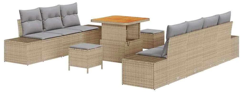 Conjunto de Sofá de Jardim de 10 Peças com Almofadas Bege Rattan Polié
