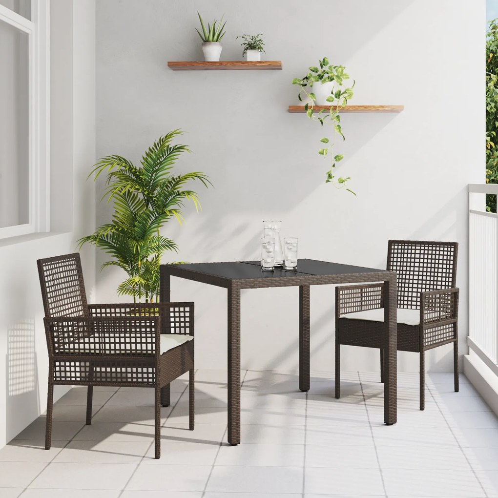 Conjunto de Jantar de Jardim 3 Peças com Almofadas Castanho Polyrattan
