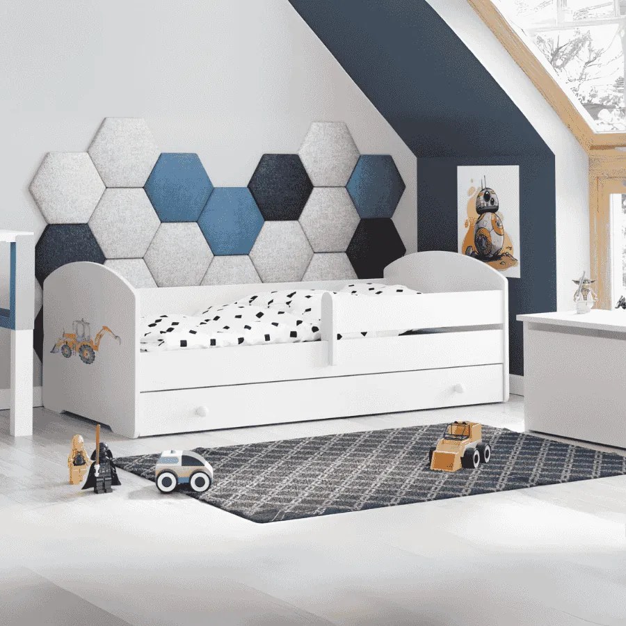 Cama infantil escavadora Luk 160x80 com gaveta branca - colchão e estrado incluído