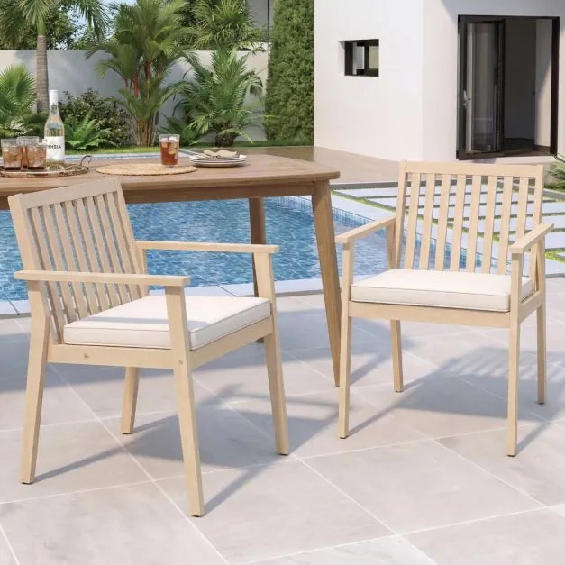 Conjunto 2 Cadeiras de Jantar jardim Madeira Acacia Almofada Removível Apoio de Braços Natural e Branco