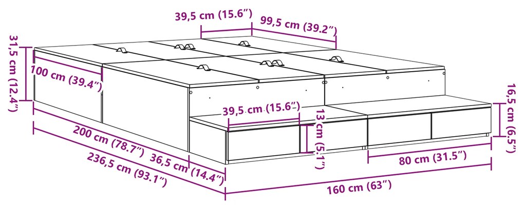 Cama com Arrumação Cinzenta Sonoma 160x200 cm