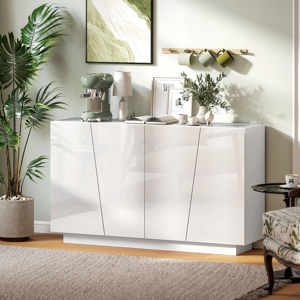 Aparador sala 150 x 40 x 88 cm com portas e prateleira ajustável, branco brilhante