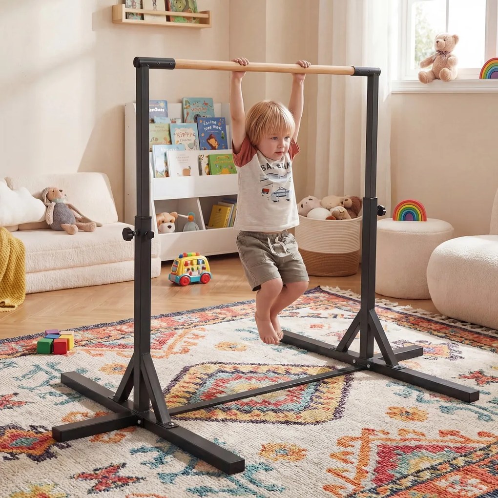 Barra de ginástica ajustável 85-145 cm 12 níveis Estrutura metálica Base antiderrapante para maiores de 3 anos Preto