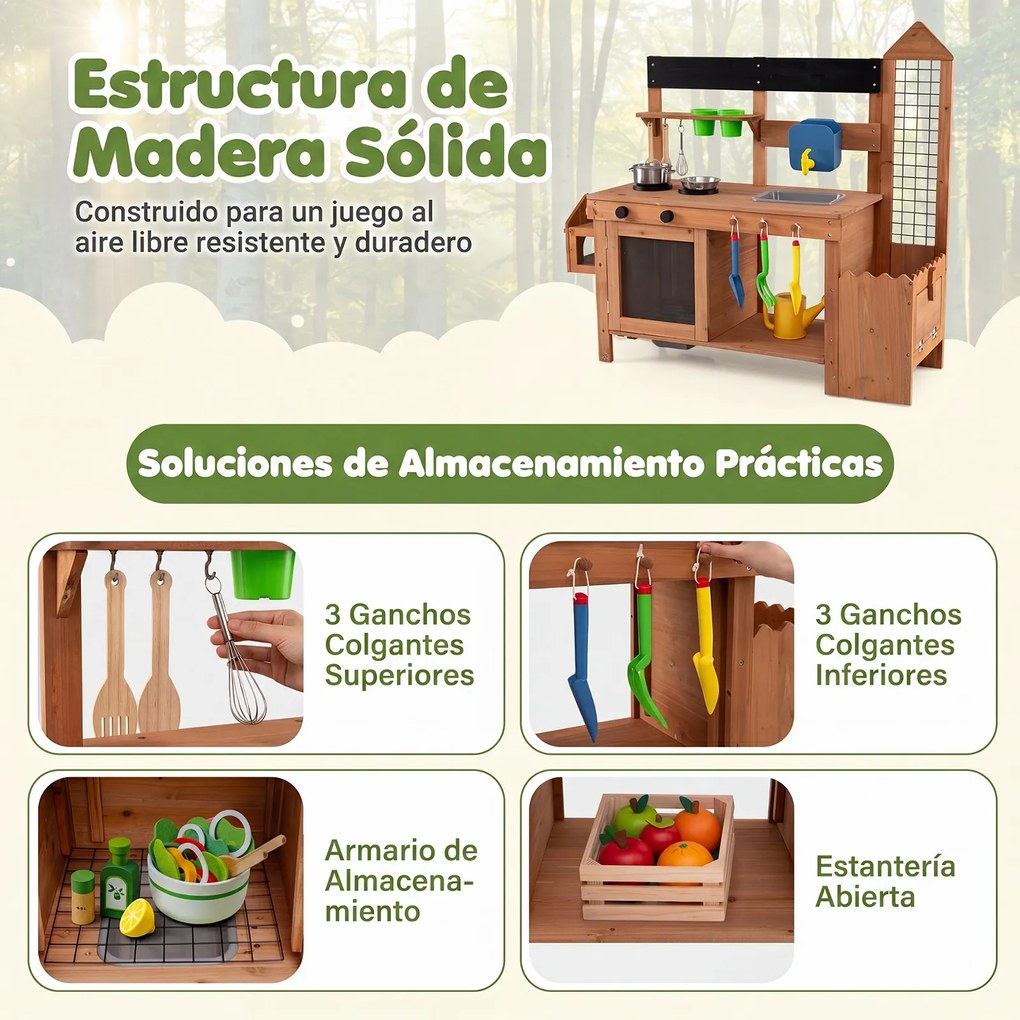 Cozinha  Infantil para Exterior, 112 x 40 x 101 cm, com Floreira e Treliça, Natural