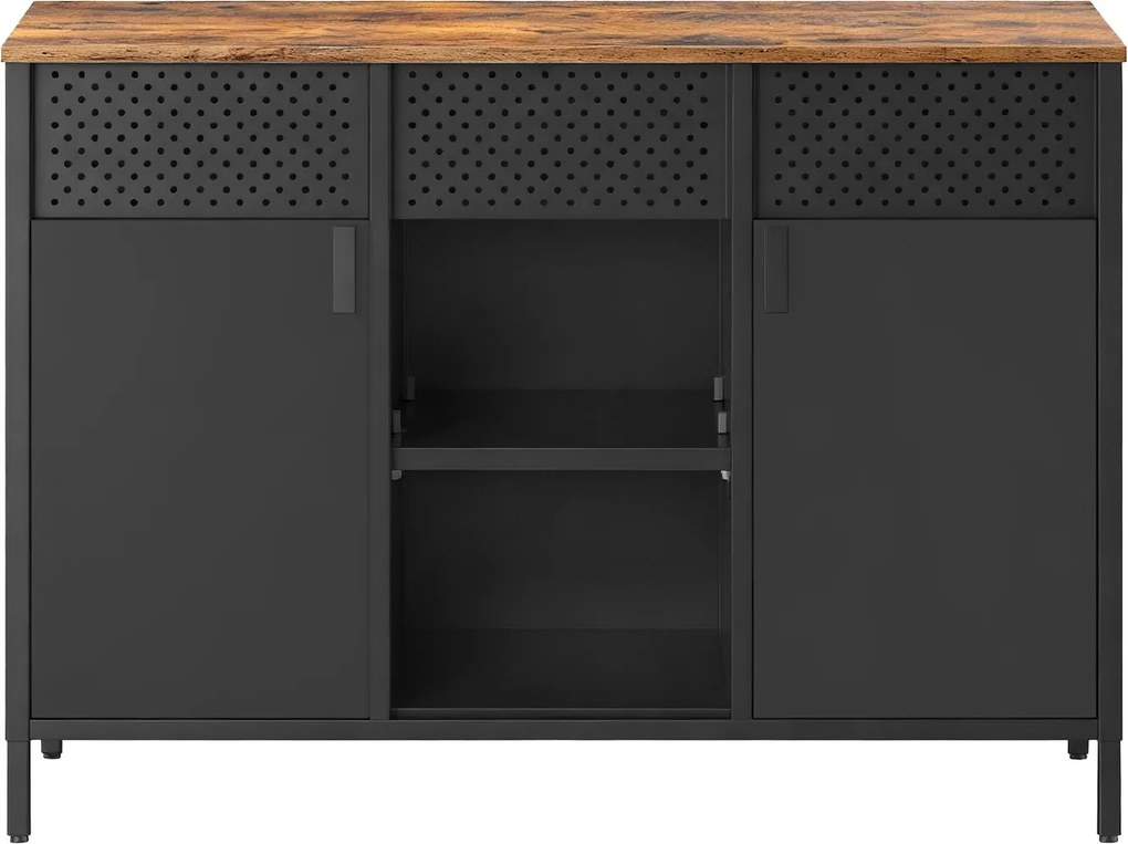 Aparador, armário de arrumação 40 x 110 x 76 cm com porta dupla em metal e madeira, fecho magnético castanho-preto