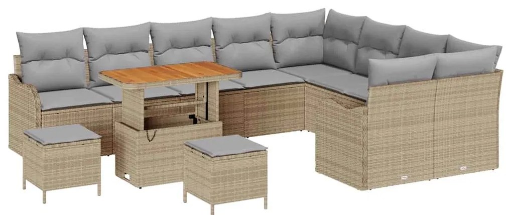 Conjunto de Sofá Jardim 12 Peças com Almofadas Bege Rattan Poly Acácia