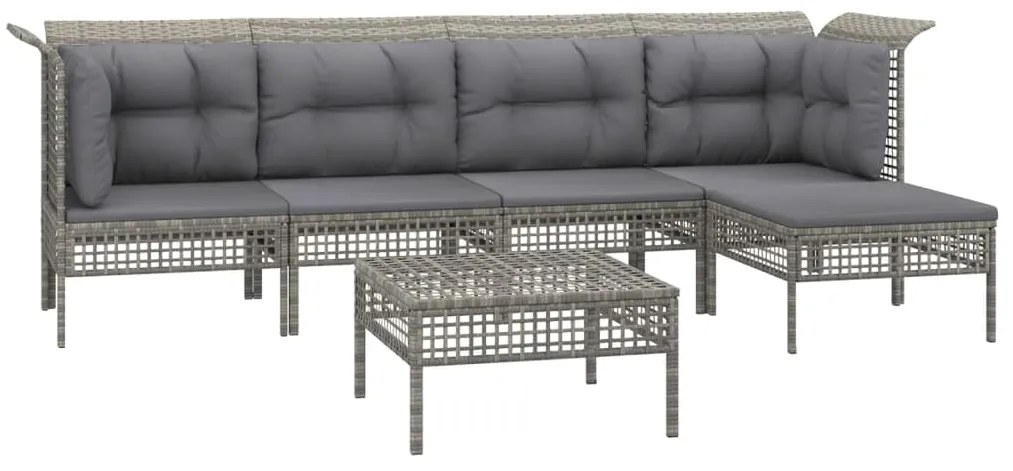6 pcs conjunto lounge de jardim c/ almofadões vime PE cinzento