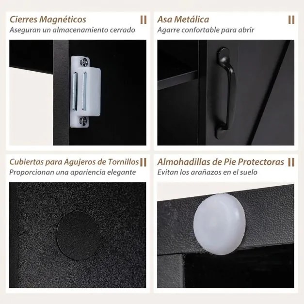 Mesa apoio, mesa cabeçeira Rústica 60 x 60 x 61 cm com Estação de Carregamento, com Porta Deslizante para Quarto e Sala Preto + Natural