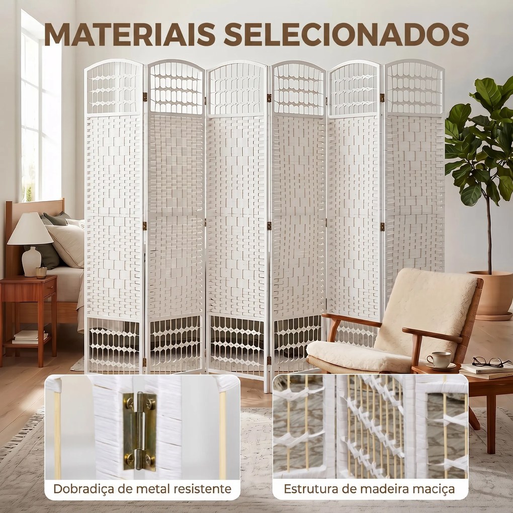 Biombo Separador de Ambientes de 6 Painéis Dobrável em Corda de Papel 160x170 cm Decoração para Quarto Branco
