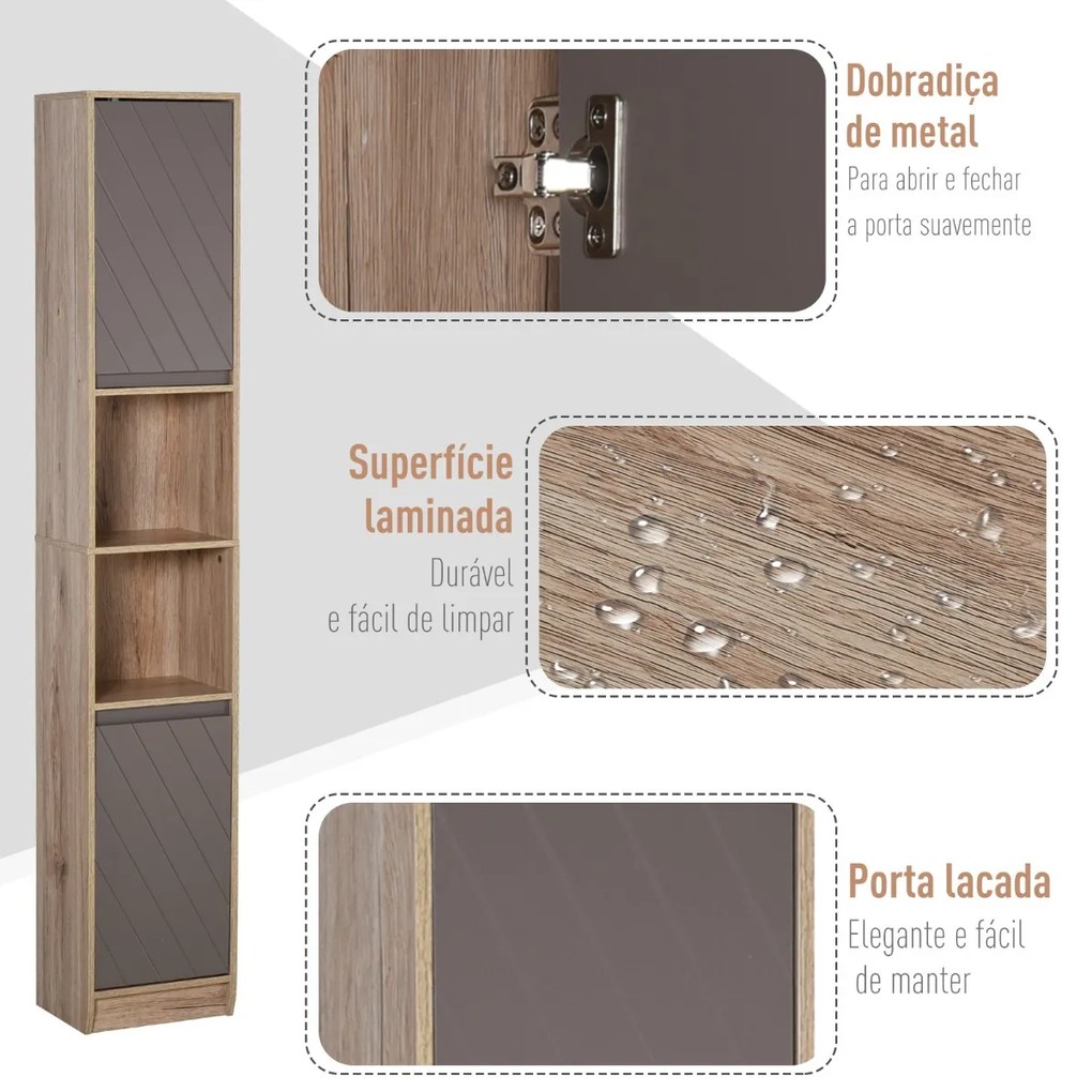 Armário alto para banheiro com 2 portas e 2 prateleiras abertas Móveis auxiliares para sala de estar Corredor 30x24x170 cm Carvalho e cinza