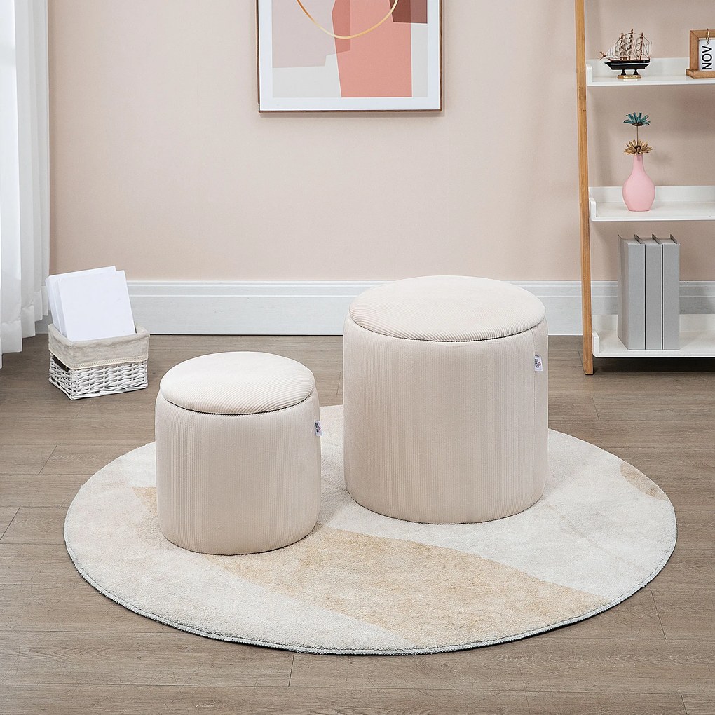 Conjunto de 2 pufes/bancos/apoios para os pés com baú de arrumação em tecido com aspeto de veludo canelado, Ø40 cm e Ø30 cm, creme