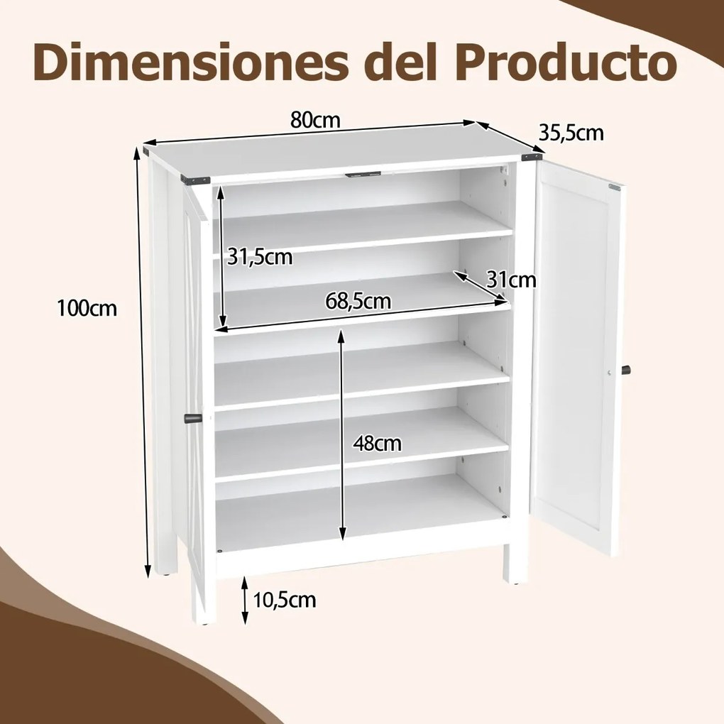 Sapateira 80 x 35,5 x 100 cm com portas para sapatos de 5 níveis com prateleiras ajustáveis em madeira branca