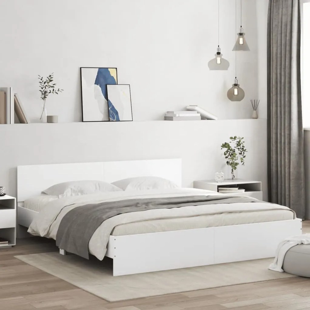 Estrutura de cama com cabeceira e luzes LED 200x200 cm branco