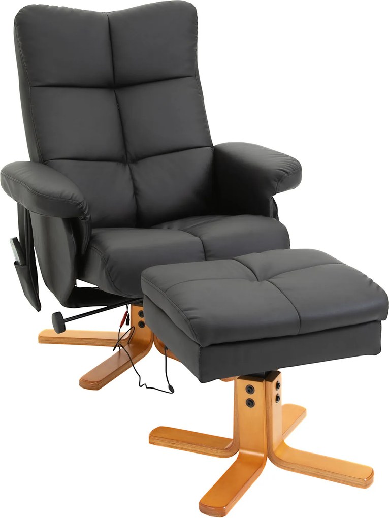 HOMCOM Poltrona de massagem com puff, Poltrona relax reclinável 145° com função de massagem, Espaço de arrumação, Couro sintético, 80 x 86 x 99 cm, Preto | Aosom Portugal