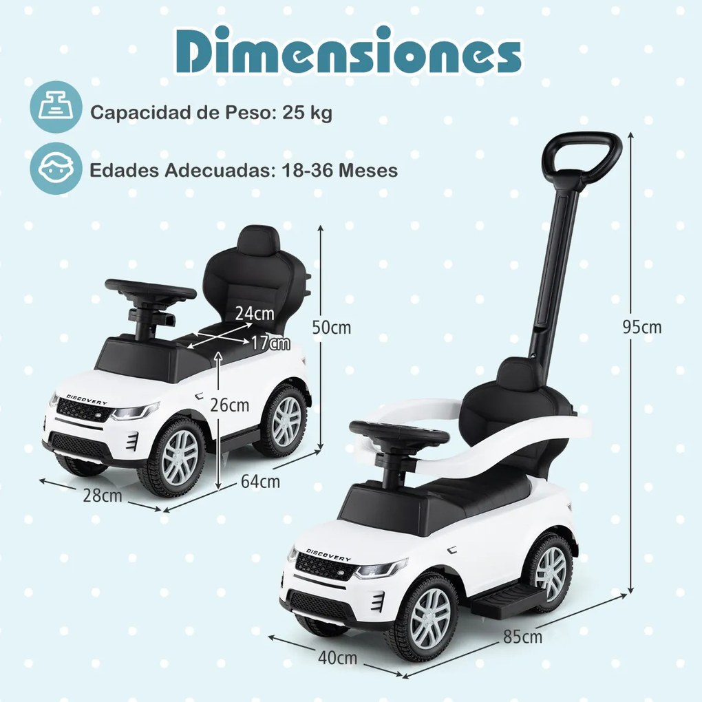 Carro de empurrar 3 em 1 para crianças de 18 a 36 meses com alça removível com buzina e som Branco