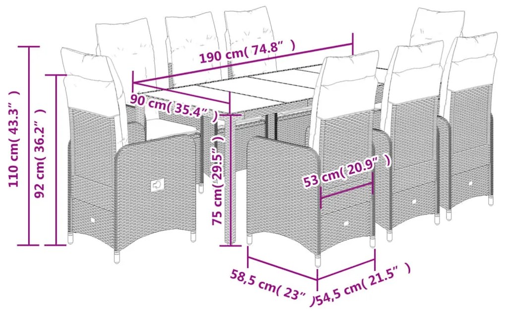 9 pcs conjunto bistrô de jardim c/ almofadões vime PE cinzento