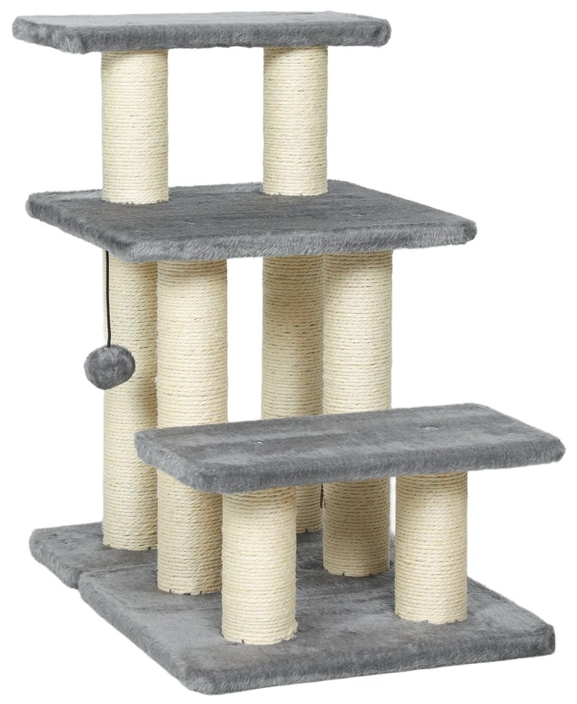 PawHut Escada para Gatos de 3 Degraus Altura Ajustável com Postes para Arranhar e Bola Pendurada Carga 10 kg 52x34,5x54 cm Cinzento | Aosom Portugal
