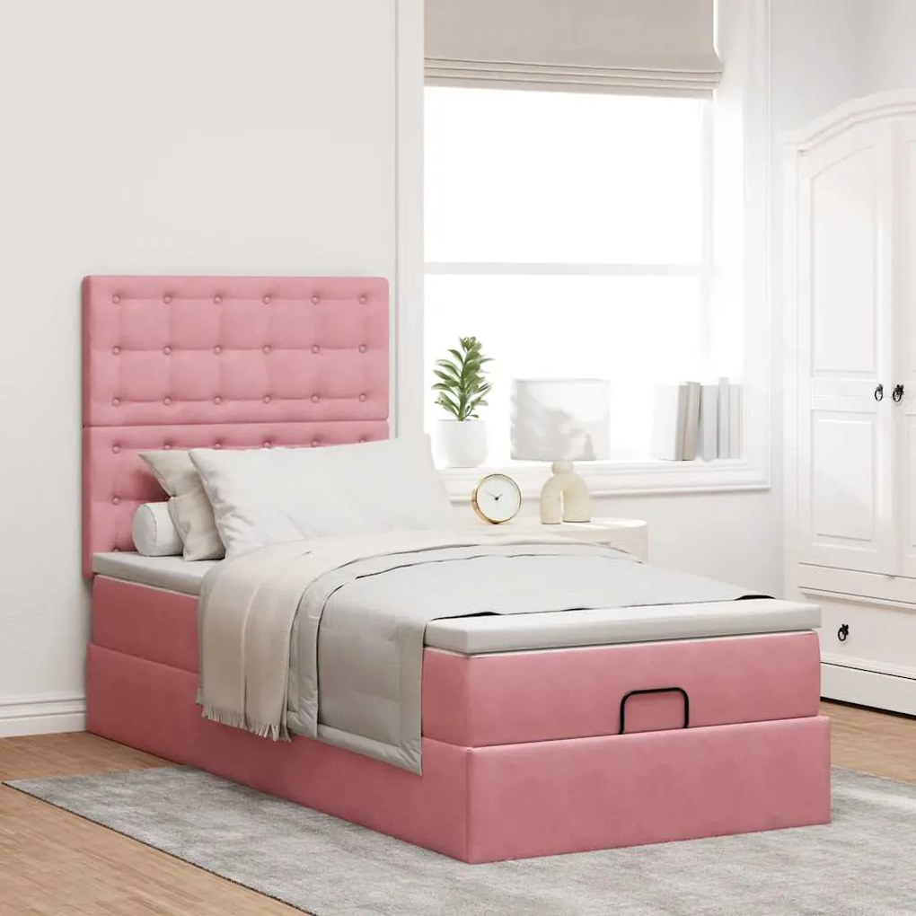 Estrutura de cama otomana com colchões rosa 90x200cm veludo
