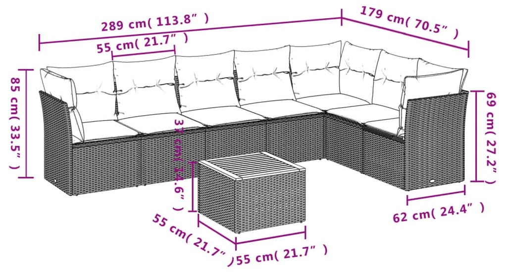 8 pcs conjunto sofás p/ jardim c/ almofadões vime PE cinzento