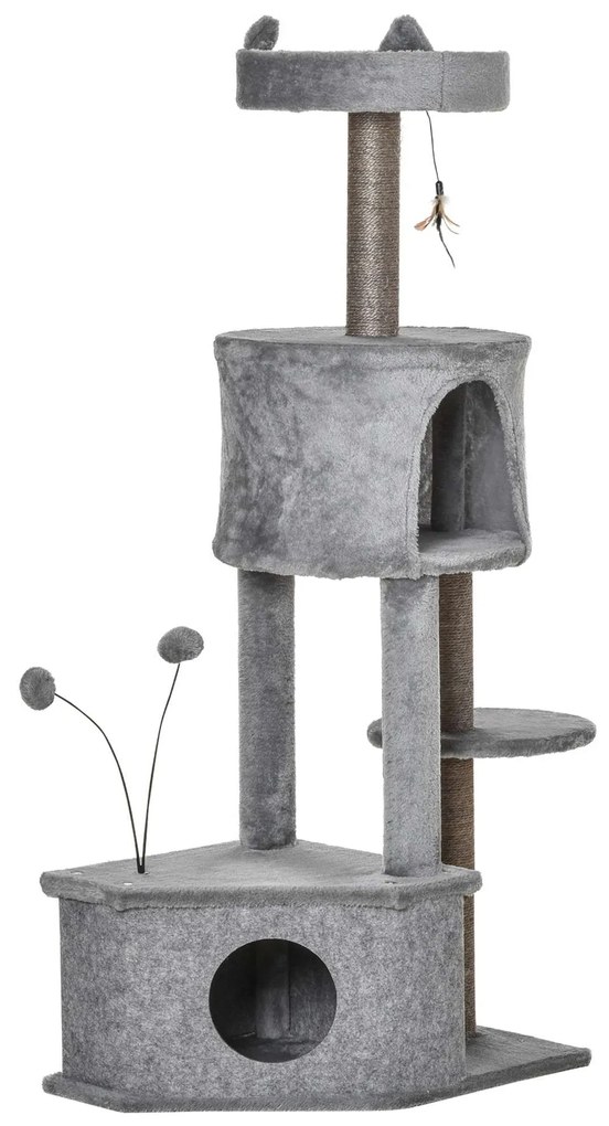 PawHut Árvore Arranhadora Gatos 60x40x133cm Torre Caverna Feltro Removível Cama Pelúcia Suave Cinza