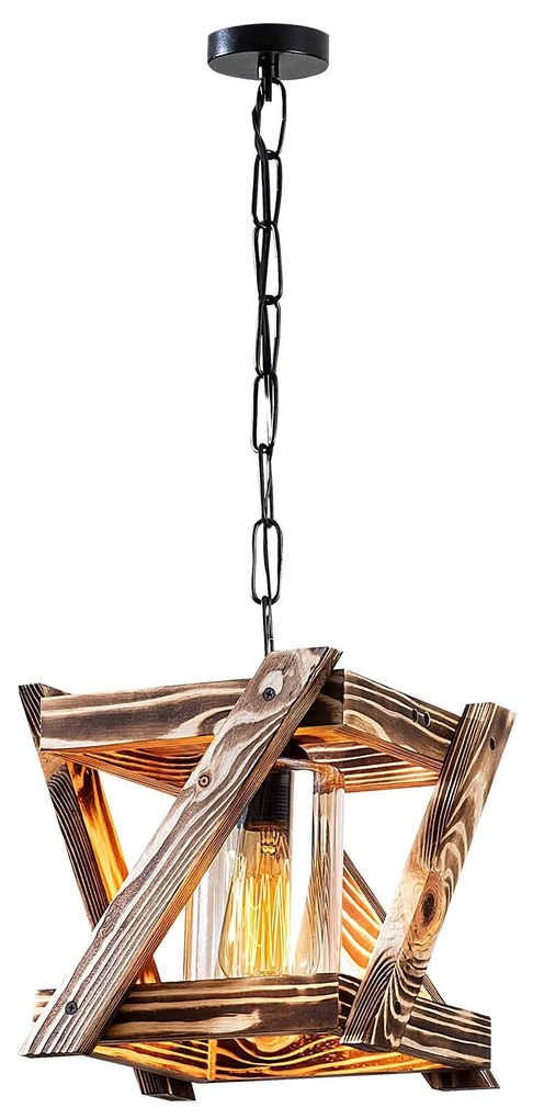 Candeeiro Suspenso Erebos – Preto e Madeira – 25 x 25 cm