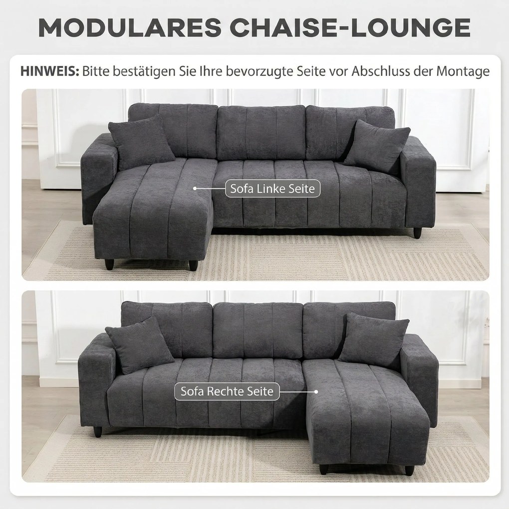 Sofá Chaise Longue Reversível 3 Lugares com 2 Almofadas Estofado em Linho e Estrutura em Aço 242x156x87 cm Cinzento Escuro