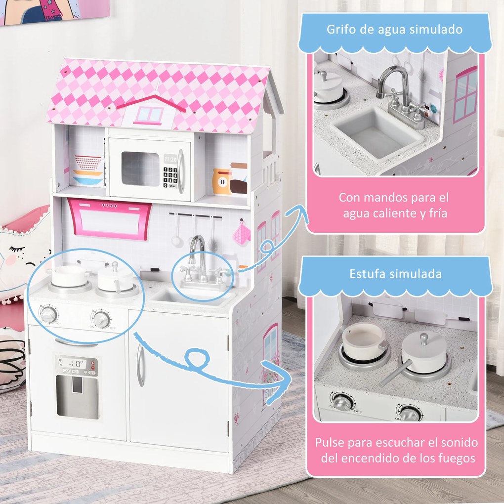 HOMCOM 2 em 1 binquedo de cozinha Casa de bonecas 3 andares com 12 acessórios incluidos para crianças acima de 3 anos 60x 48x 106 cm rosa