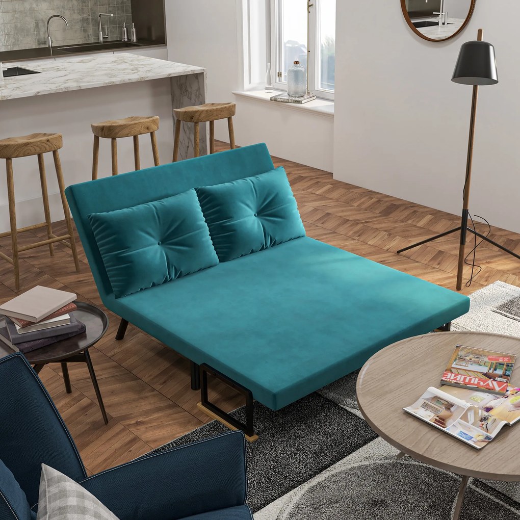 Sofá-cama de 2 lugares 102 C x 73 P x 81 A cm com encosto ajustável em 5 posições e 2 almofadas estofadas, revestimento em veludo, verde-pato