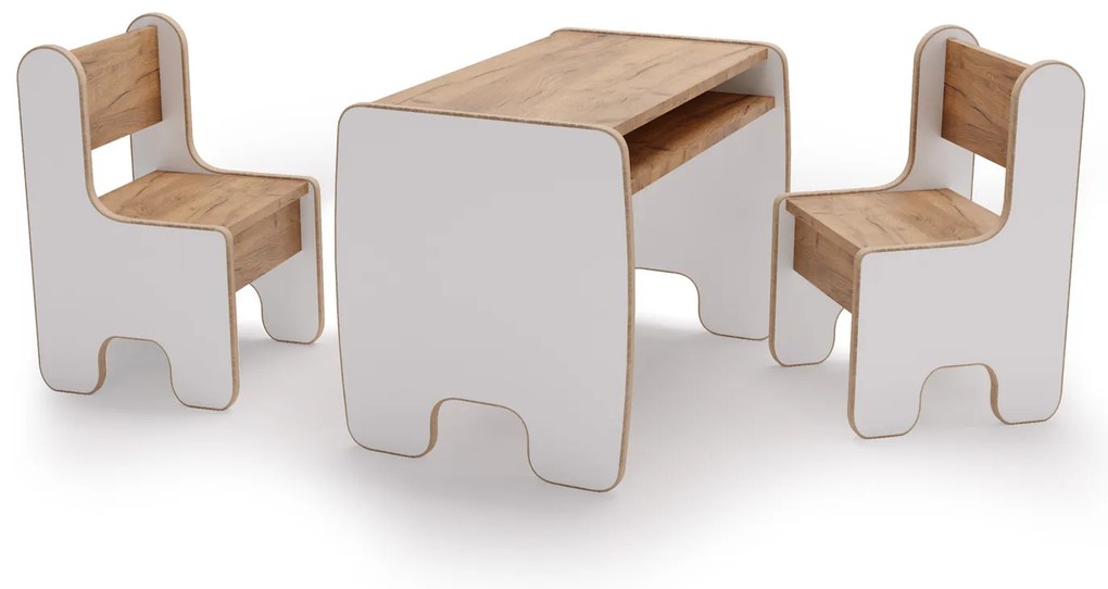Mesa infantil + duas cadeiras cor carvalho artesanal/ branco