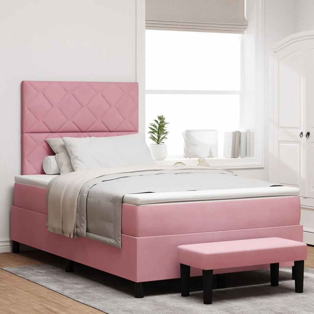 Cama Box Spring com Colchão e Banco Rosa 120x200 cm Veludo