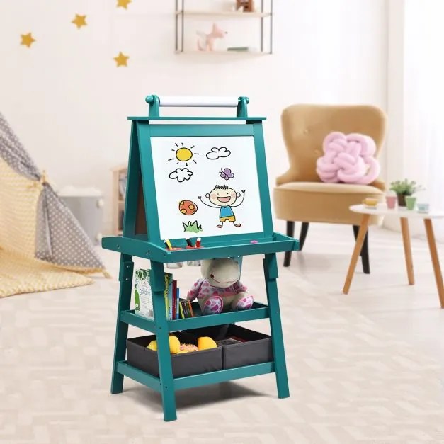 Cavalete infantil de dupla face 3 em 1 com 2 prateleiras 2 caixas e tabuleiro grande 59 x 50 x 117 cm Azul